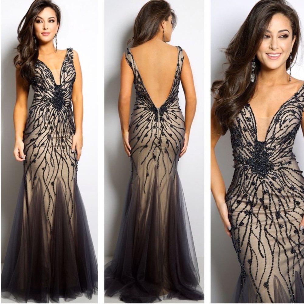 Jovani Charcoal Gray & Nude Metallic Beaded Mermaid Gown